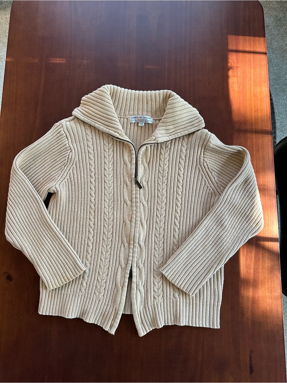 Carolyn Taylor Cable-Knit Cream Zip Cardigan with Shawl Collar